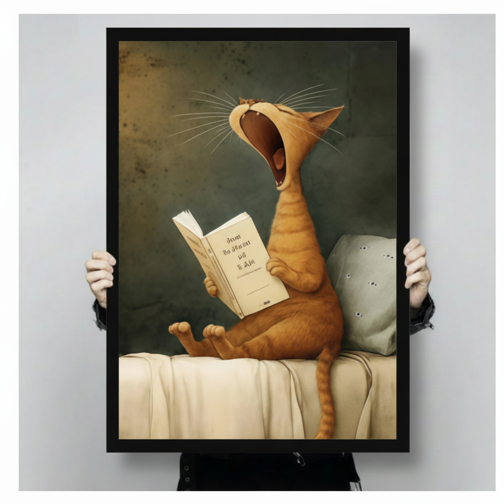 Yawning Cat Reading Book Canvas Wall Art