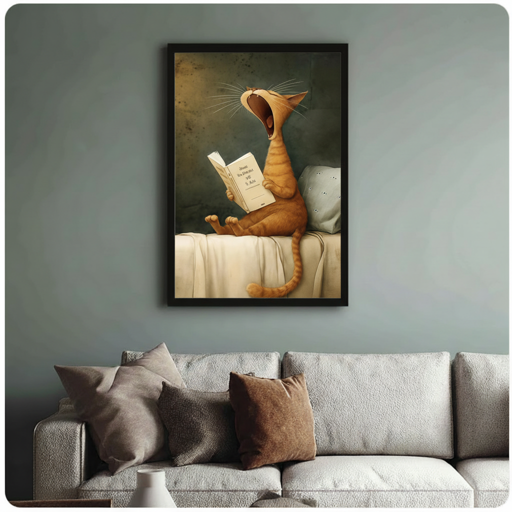 Yawning Cat Reading Book Canvas Wall Art
