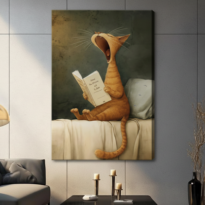 Yawning Cat Reading Book Canvas Wall Art