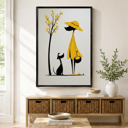 Minimalist Woman Dog Walk Yellow Canvas Art Wall Art