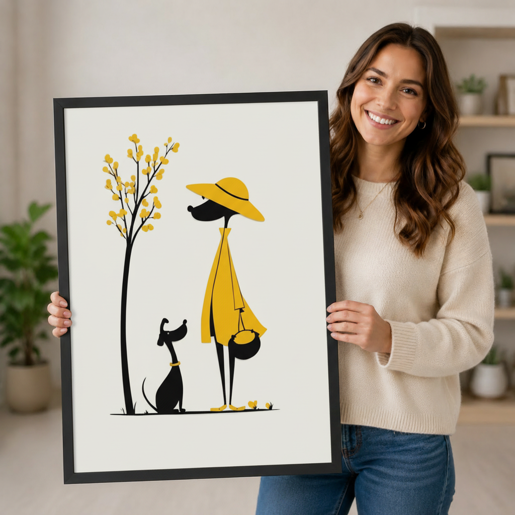 Minimalist Woman Dog Walk Yellow Canvas Art Wall Art