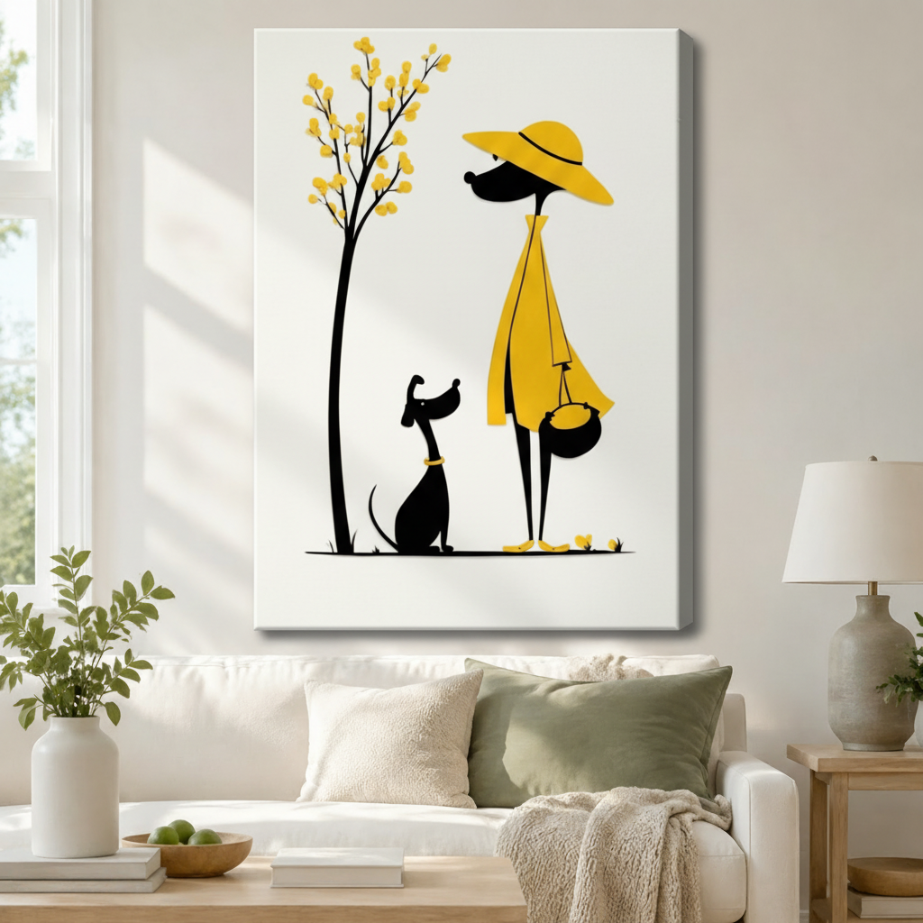 Minimalist Woman Dog Walk Yellow Canvas Art Wall Art