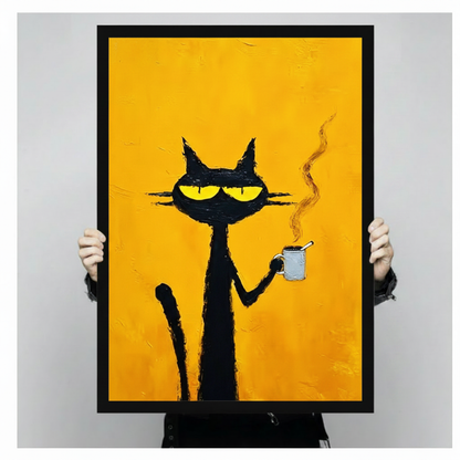 Black Cat Yellow Eyes Coffee Canvas Art Wall Art