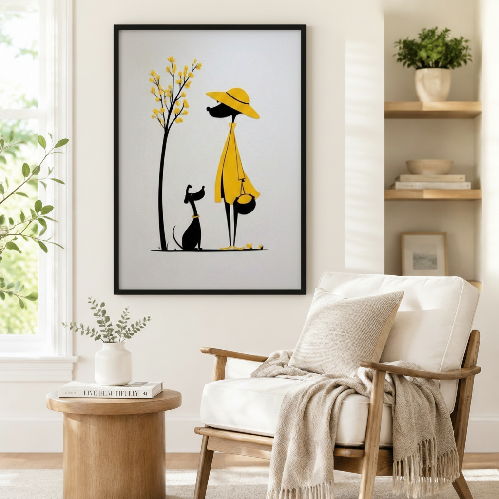 Minimalist Woman Dog Walk Yellow Canvas Art Wall Art