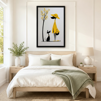 Minimalist Woman Dog Walk Yellow Canvas Art Wall Art