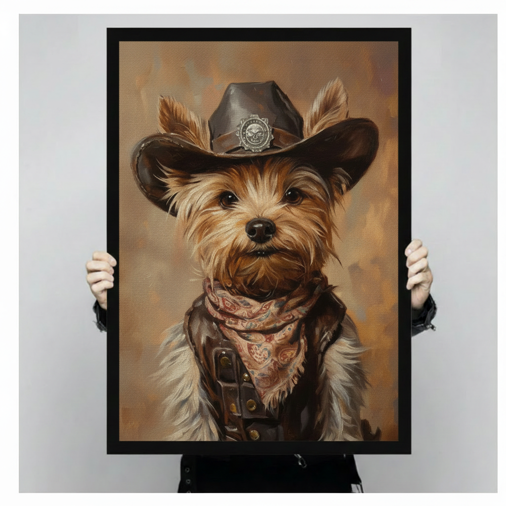 Cowboy Yorkie Dog Portrait Canvas Wall Art