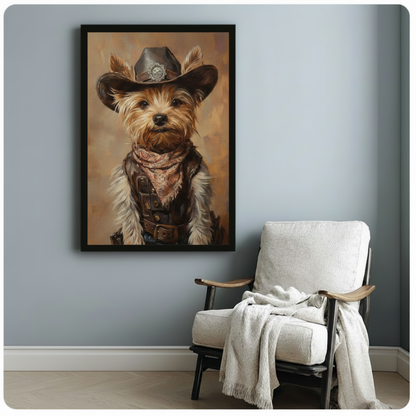 Cowboy Yorkie Dog Portrait Canvas Wall Art