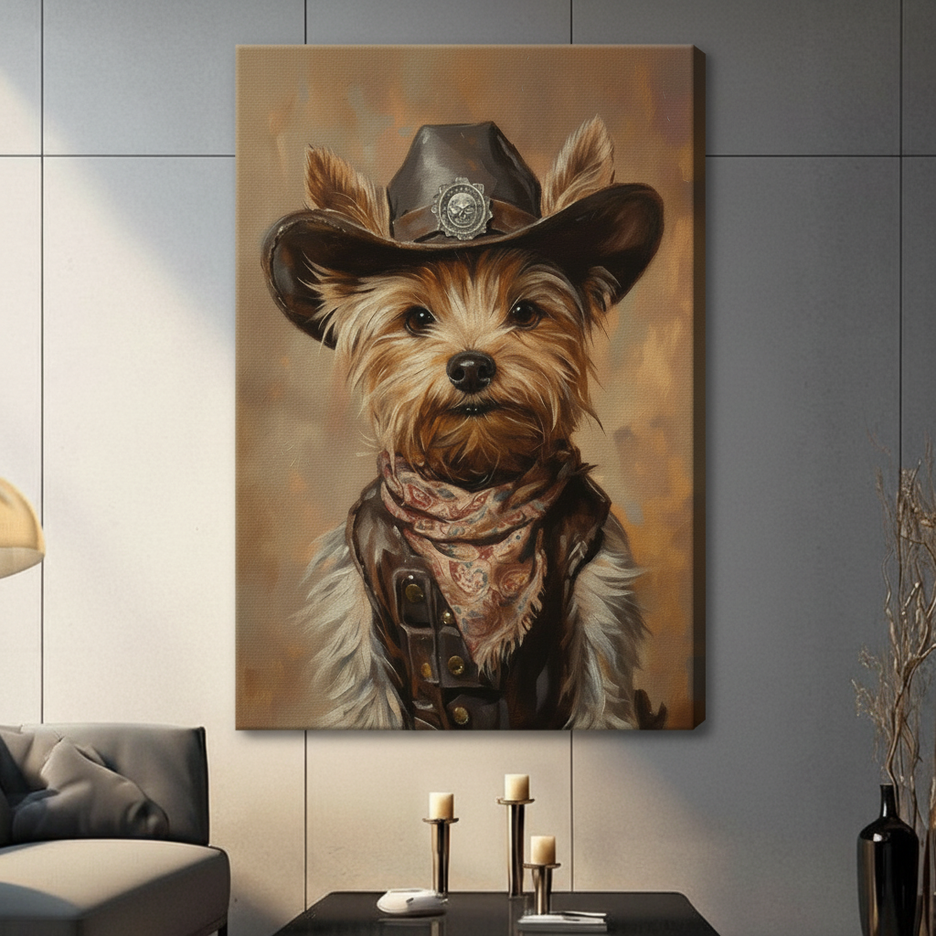 Cowboy Yorkie Dog Portrait Canvas Wall Art
