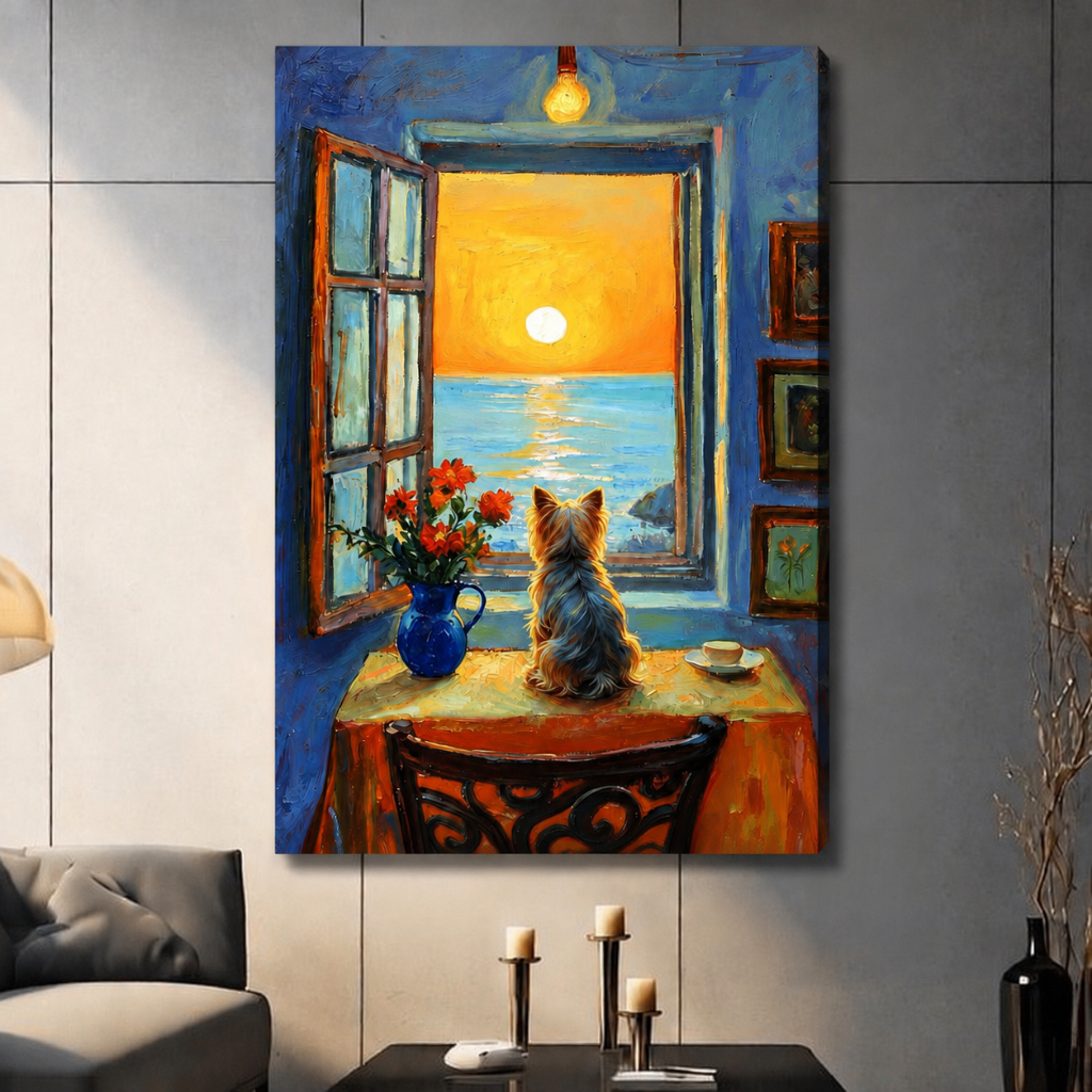 Yorkie Dog Sunset Window Canvas Wall Art