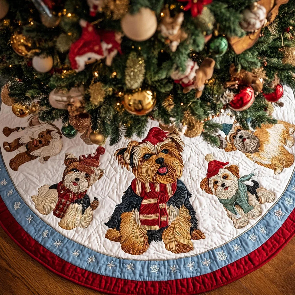 Yorkie Glow Christmas Quilted Tree Skirt