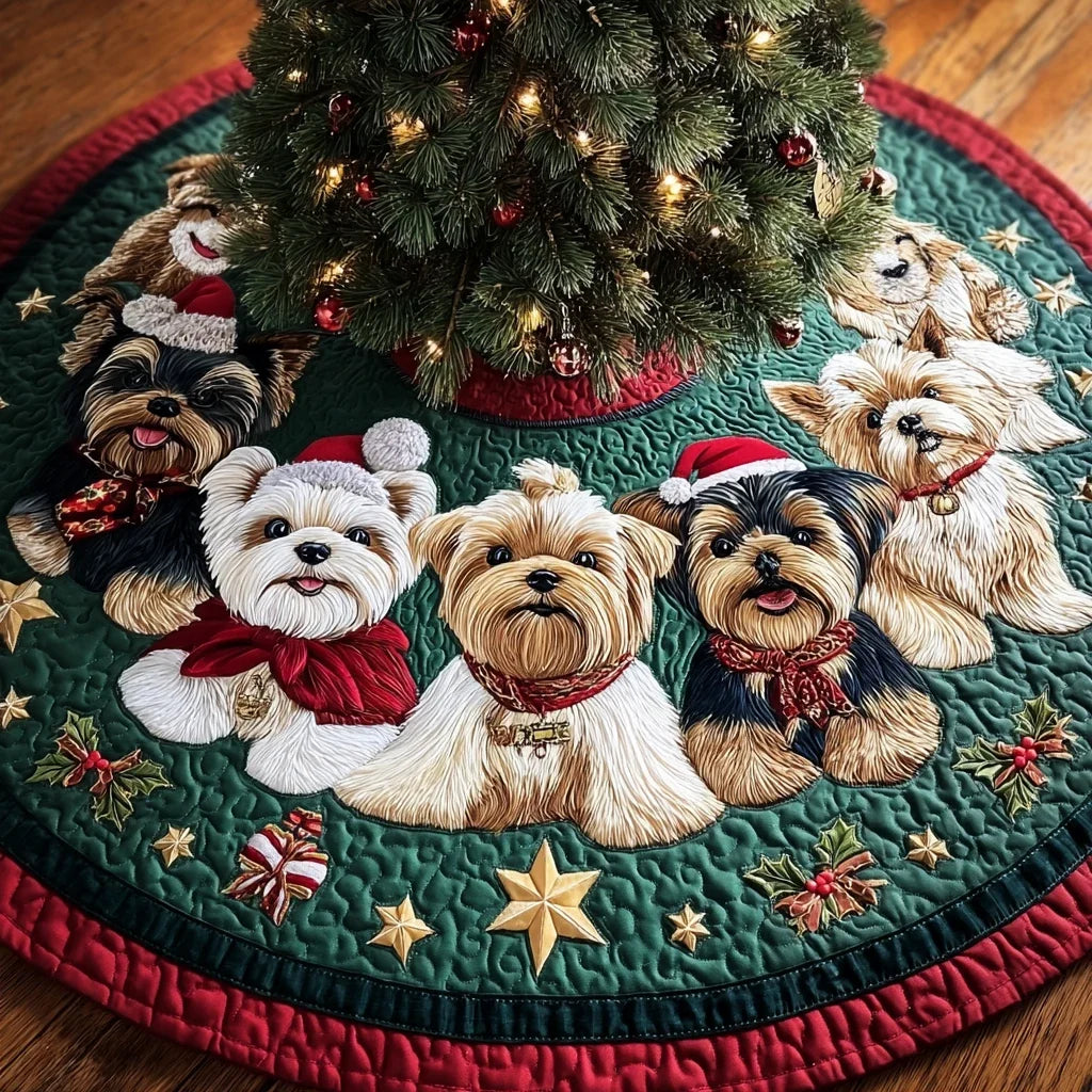 Yorkie Shine Christmas Quilted Tree Skirt