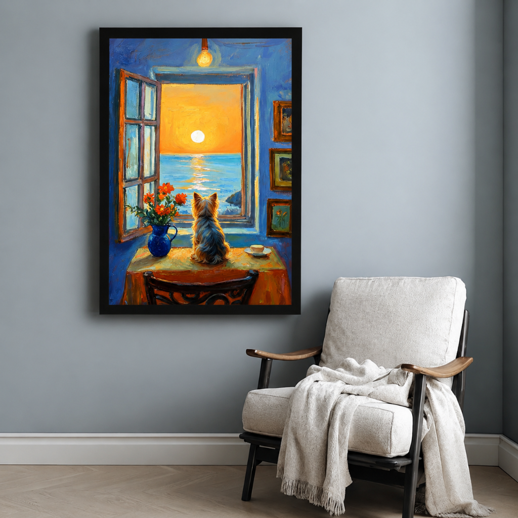 Yorkie Dog Sunset Window Canvas Wall Art