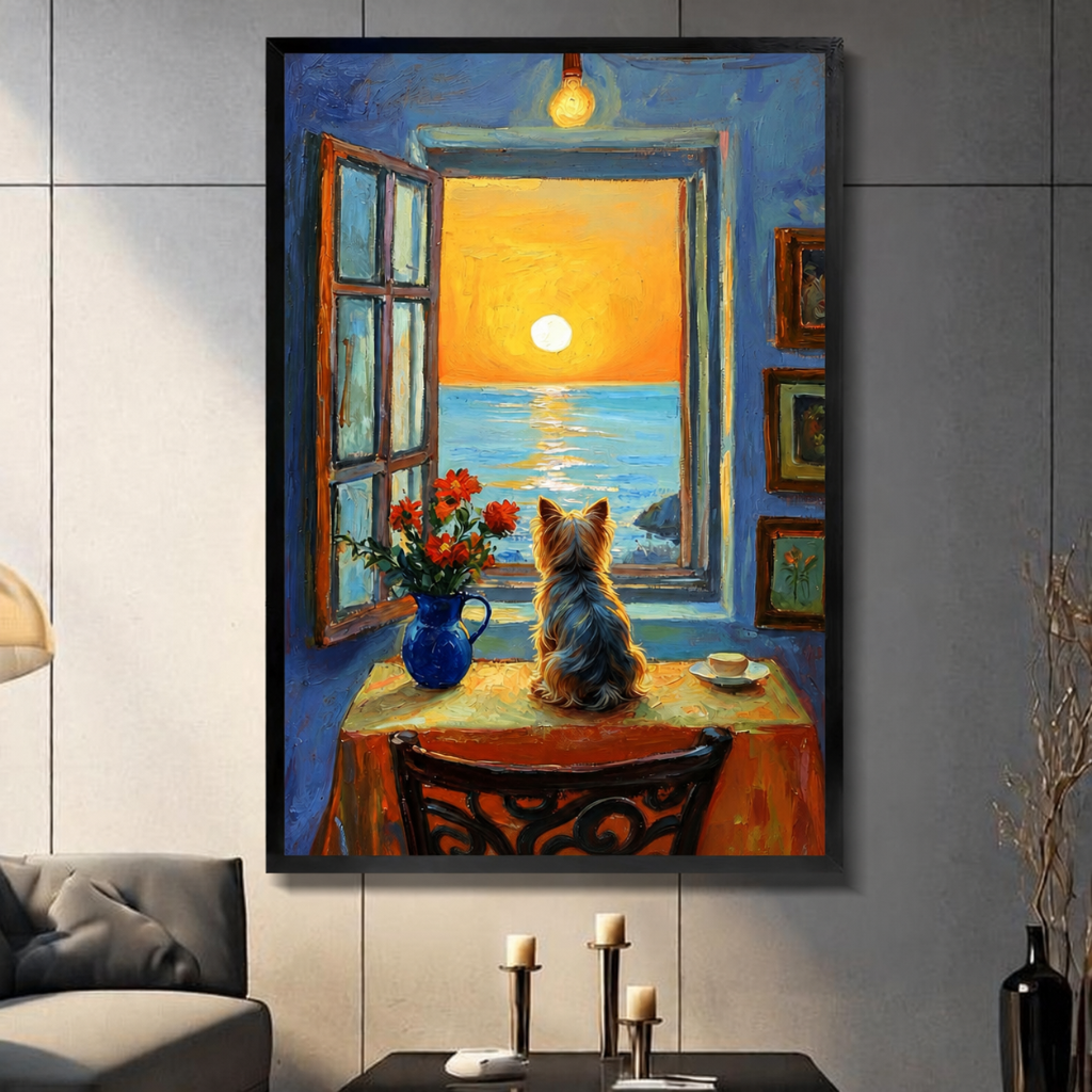 Yorkie Dog Sunset Window Canvas Wall Art