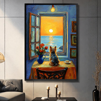 Yorkie Dog Sunset Window Canvas Wall Art