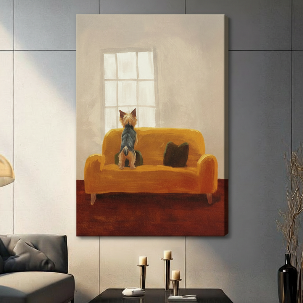 Yorkie Watching Window Oil Painting Canvas Art
