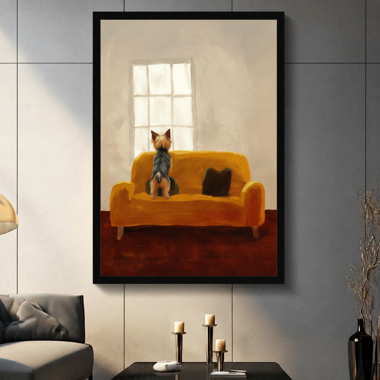 Yorkie Watching Window Oil Painting Canvas Art