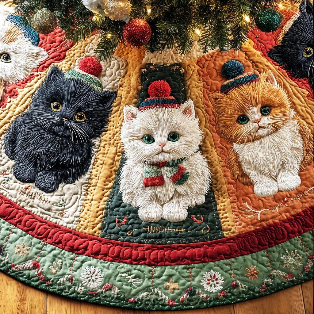 Yuletide Cat Joy Christmas Quilted Tree Skirt