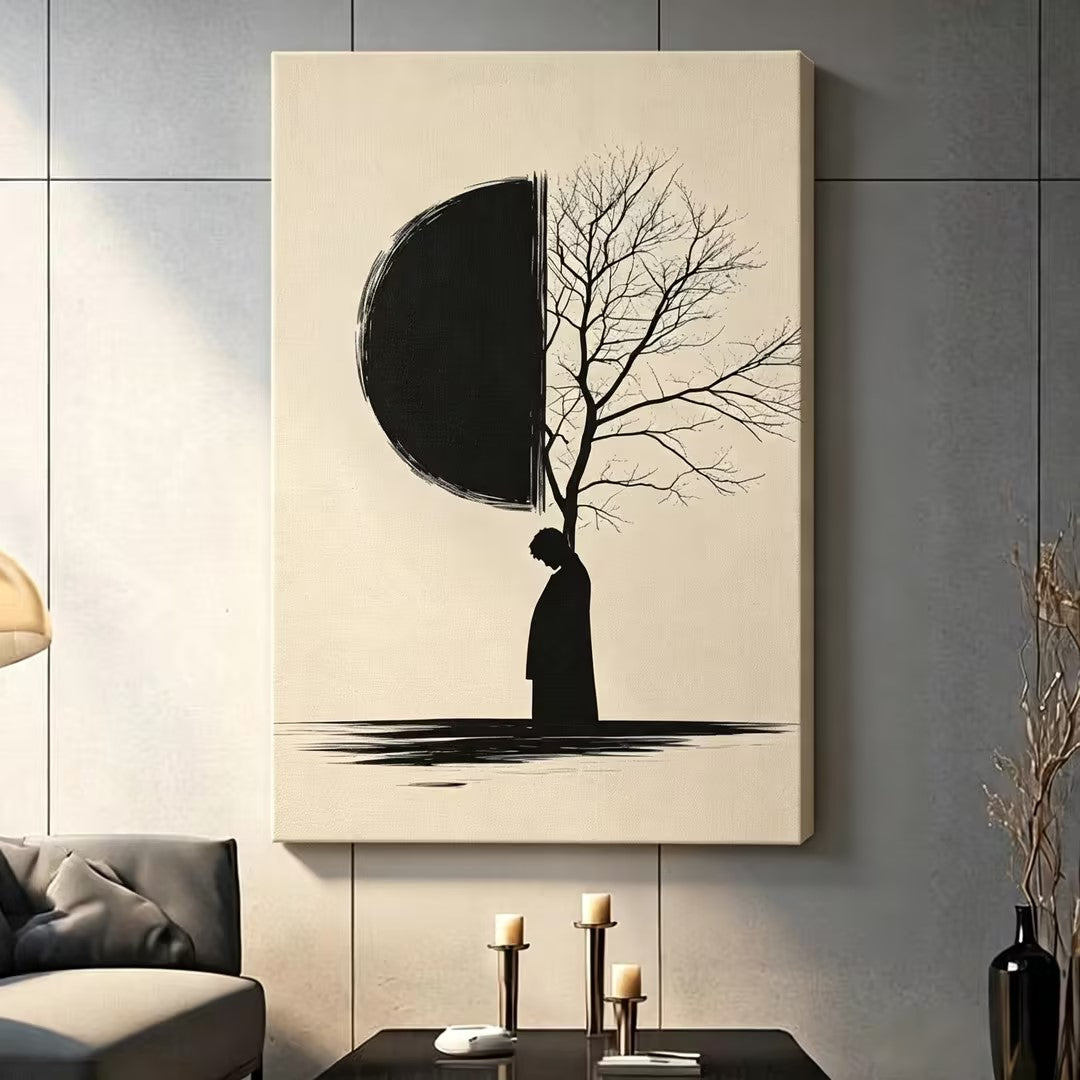 Zen Solitude Figure Tree Moon Canvas Wall Art