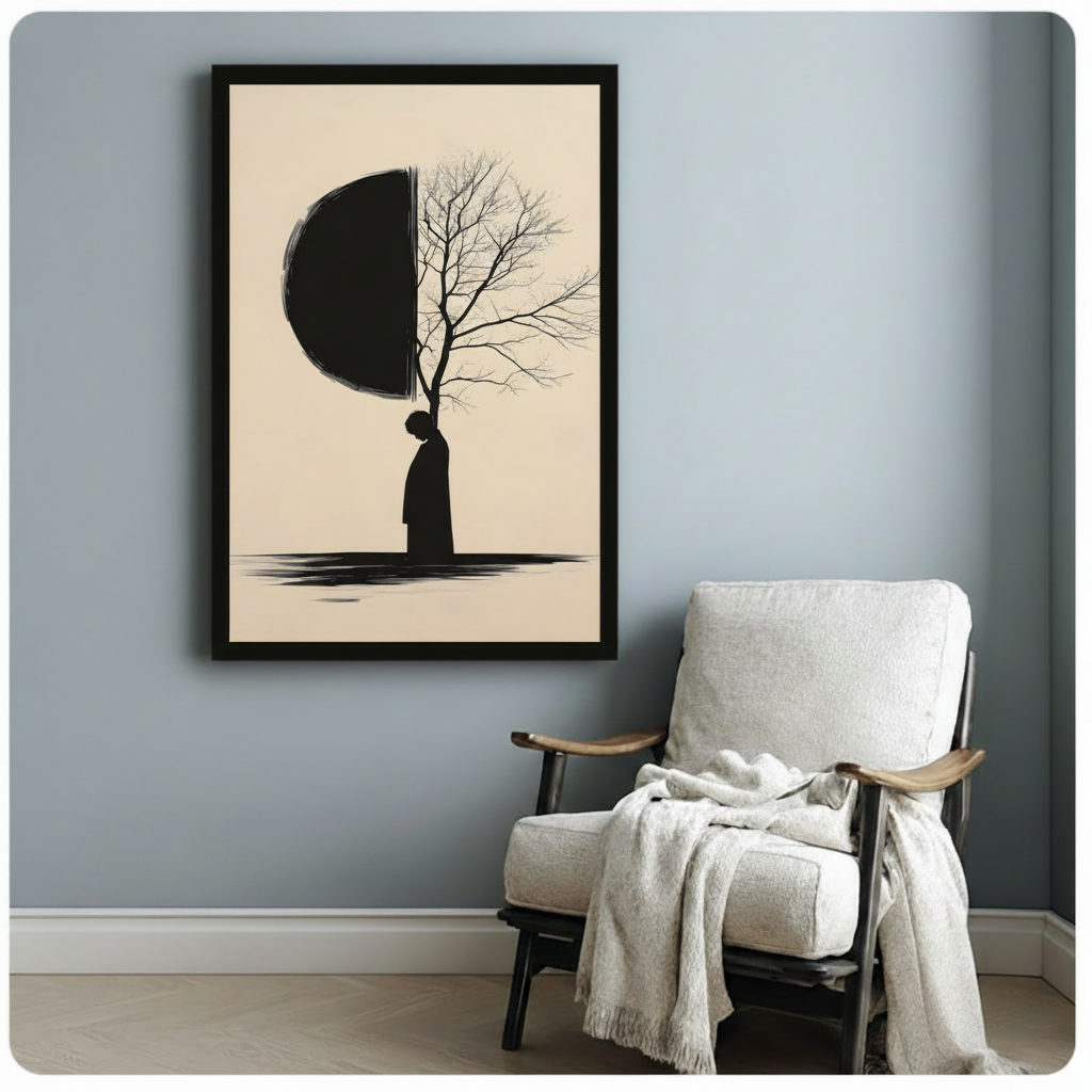 Zen Solitude Figure Tree Moon Canvas Wall Art