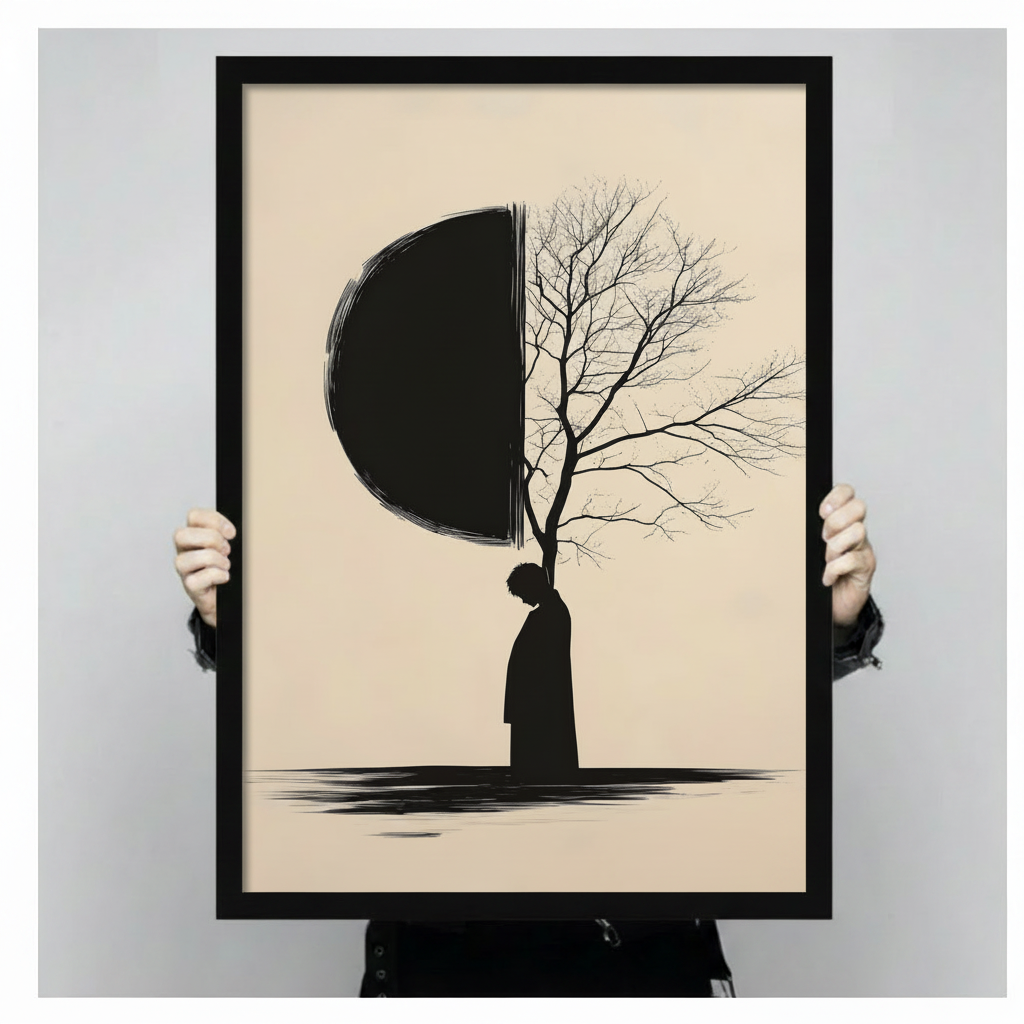 Zen Solitude Figure Tree Moon Canvas Wall Art