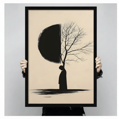 Zen Solitude Figure Tree Moon Canvas Wall Art