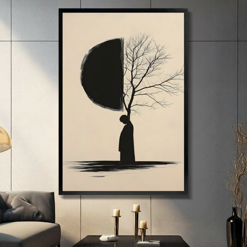 Zen Solitude Figure Tree Moon Canvas Wall Art
