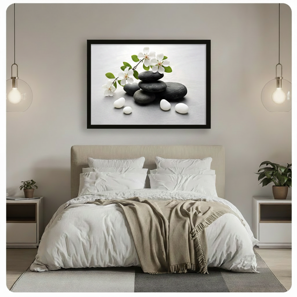 Zen Black Stones White Blossom Canvas Wall Art