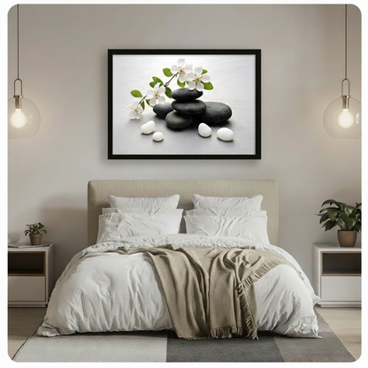 Zen Black Stones White Blossom Canvas Wall Art