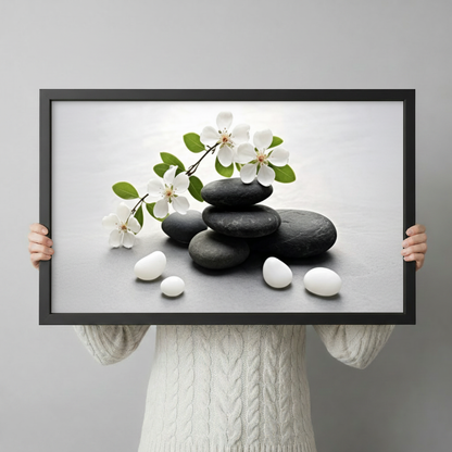 Zen Black Stones White Blossom Canvas Wall Art