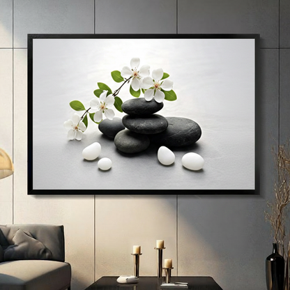 Zen Black Stones White Blossom Canvas Wall Art