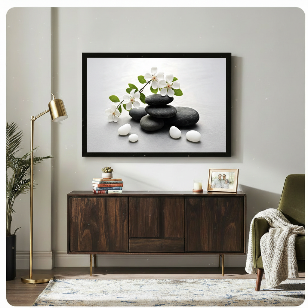 Zen Black Stones White Blossom Canvas Wall Art
