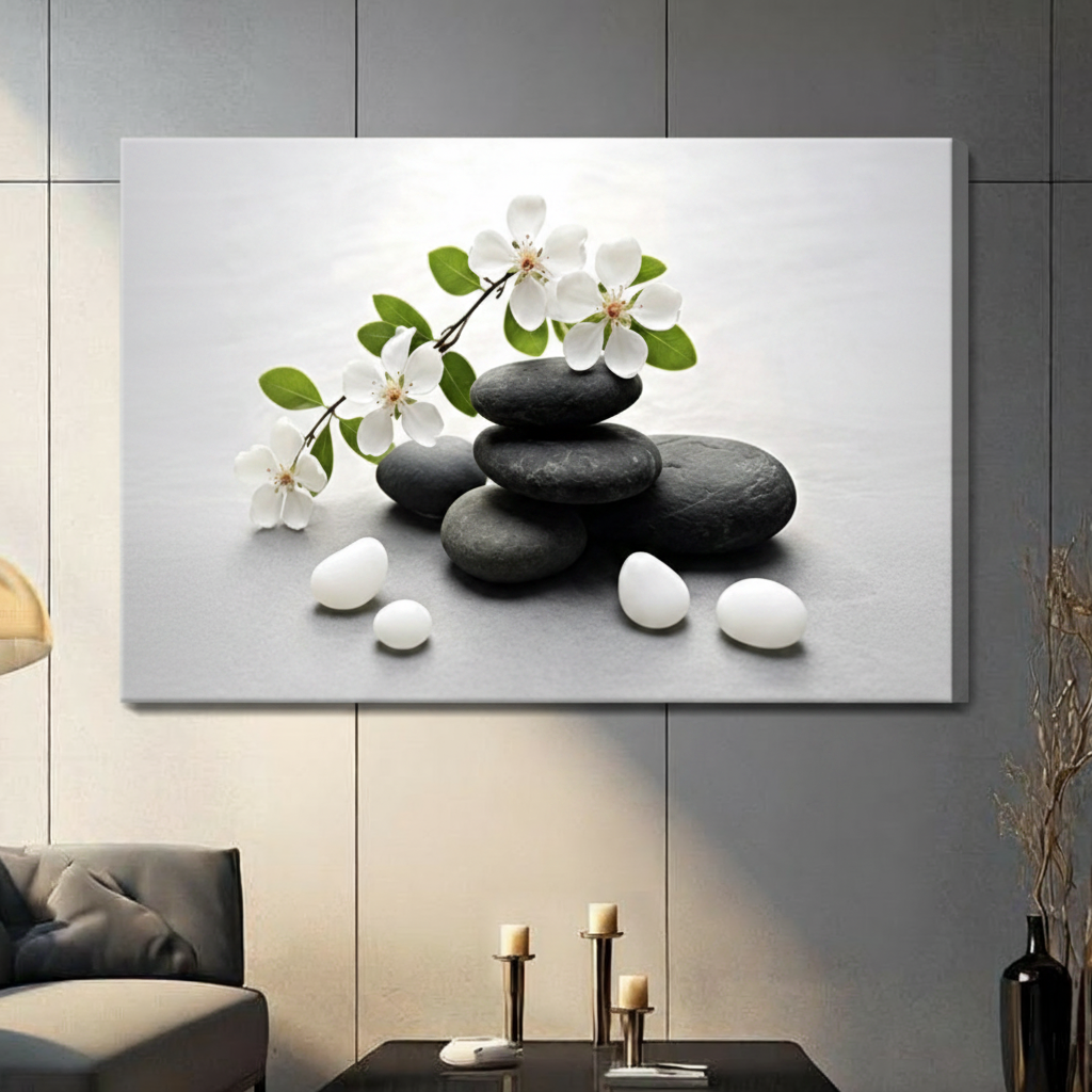 Zen Black Stones White Blossom Canvas Wall Art
