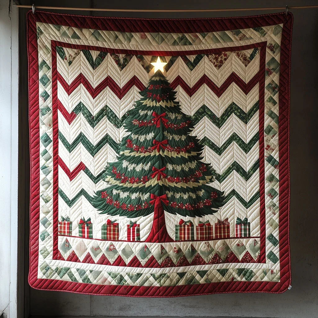 Zigzag Chevron Christmas Tree And Giftboxes Quilt Blanket