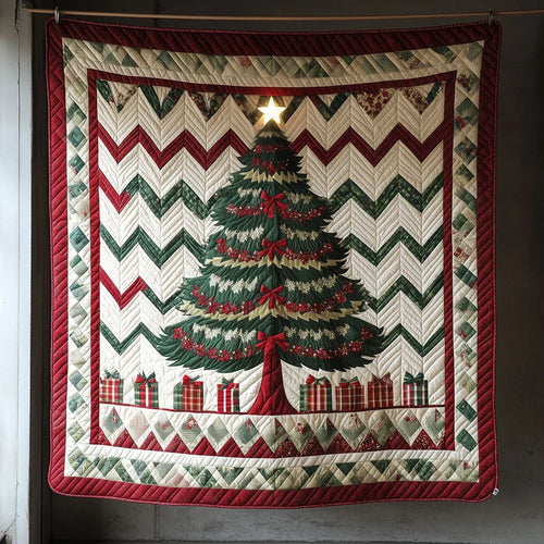 Zigzag Chevron Christmas Tree And Giftboxes Quilt Blanket